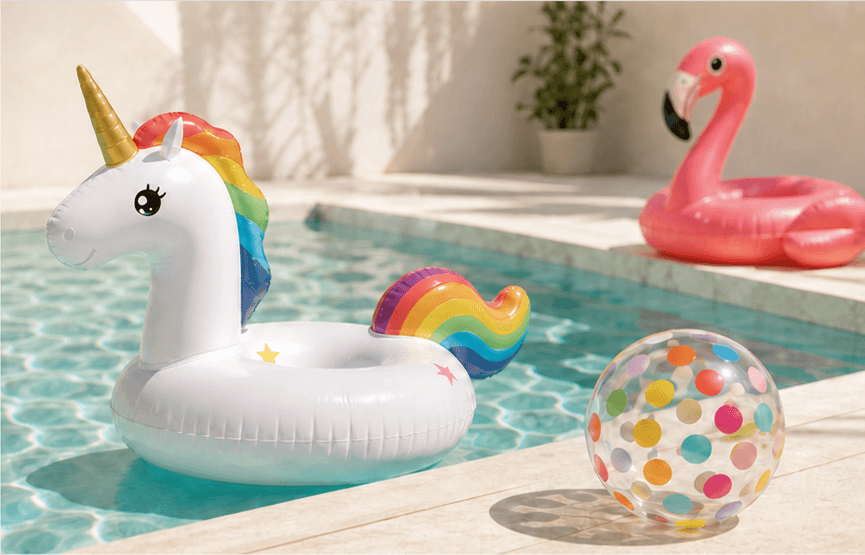 PVCTOYSTAR pool inflatables including unicorn ride-on, flamingo float, and beach ball