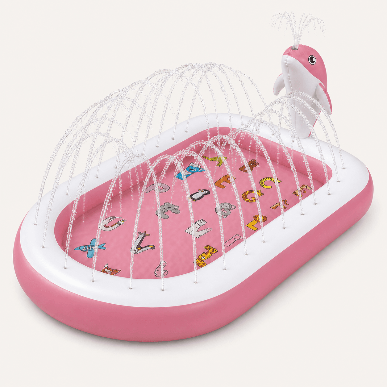 Pink inflatable dolphin splash pad with tall high-arching perimeter water sprays and dolphin spray