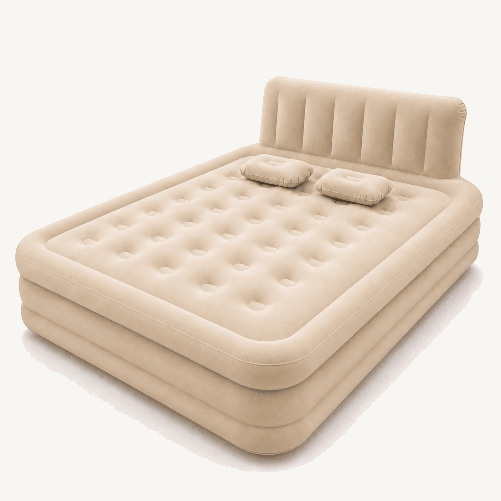 Inflatable double air bed with raised headboard on warm off-white background