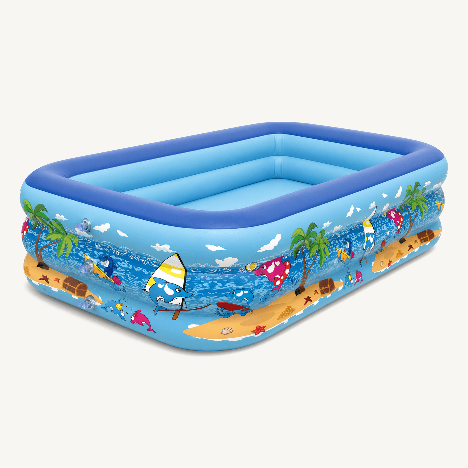Inflatable family swimming pool with ocean print on warm off-white background