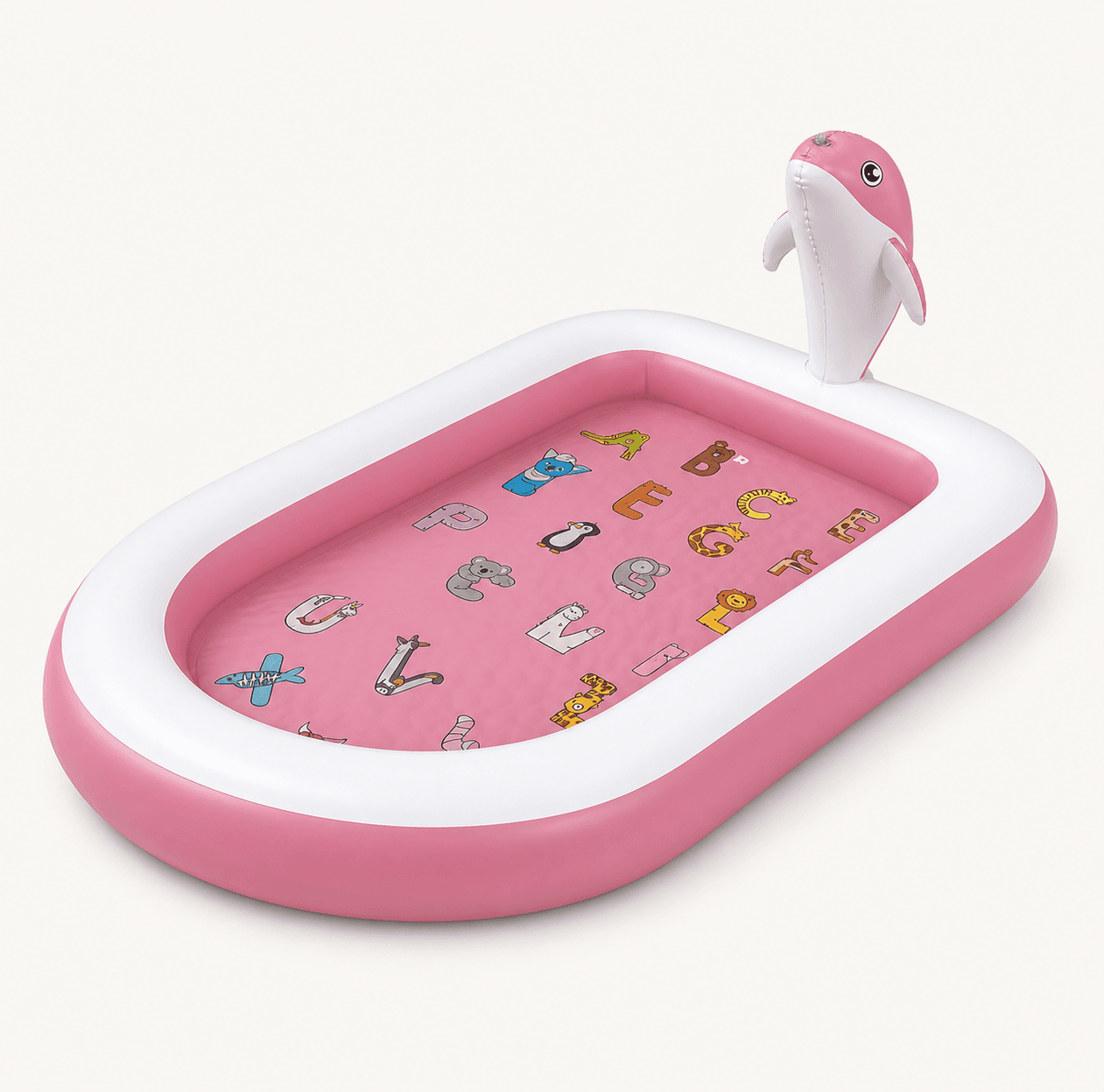 Pink and white inflatable dolphin splash pad isolated on a warm off-white background