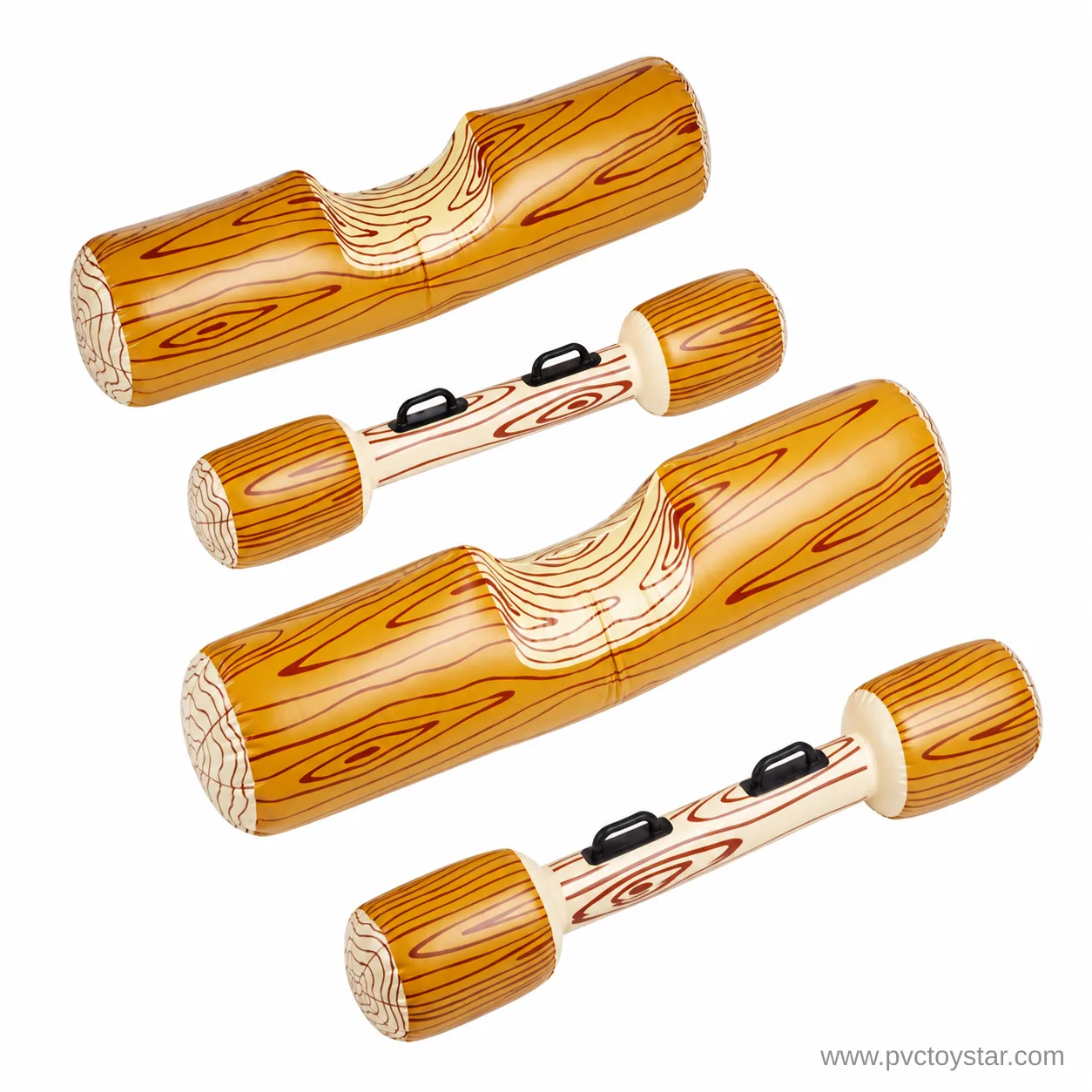 Two woodgrain inflatable logs and two matching jousting batons on white background