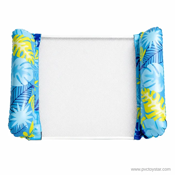 Blue tropical leaf two-bolster mesh hammock pool float on white background