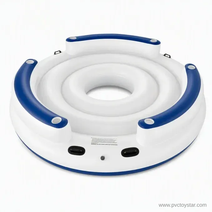 Blue and white round inflatable floating island on a white background