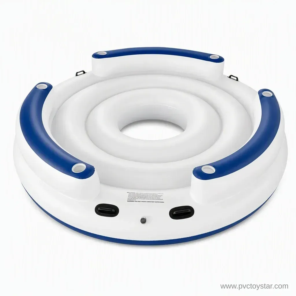Blue and white round inflatable floating island on a white background