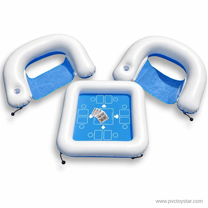 White and blue floating pool game table with two U-shaped sling chairs