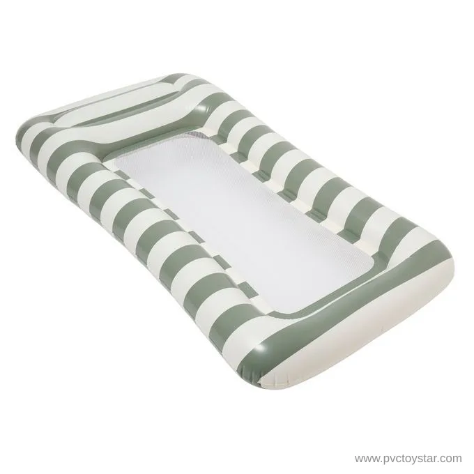 Green and cream stripe Hammock Float with recessed mesh base and integrated raised headrest