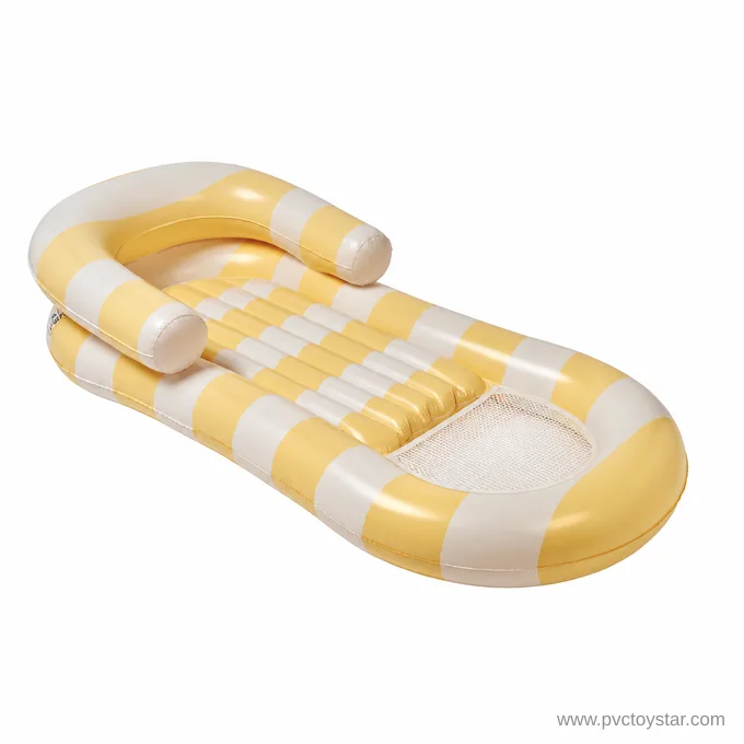 Yellow and cream striped PVC Hammock Float with mesh footrest — concept rendering, final sample pending