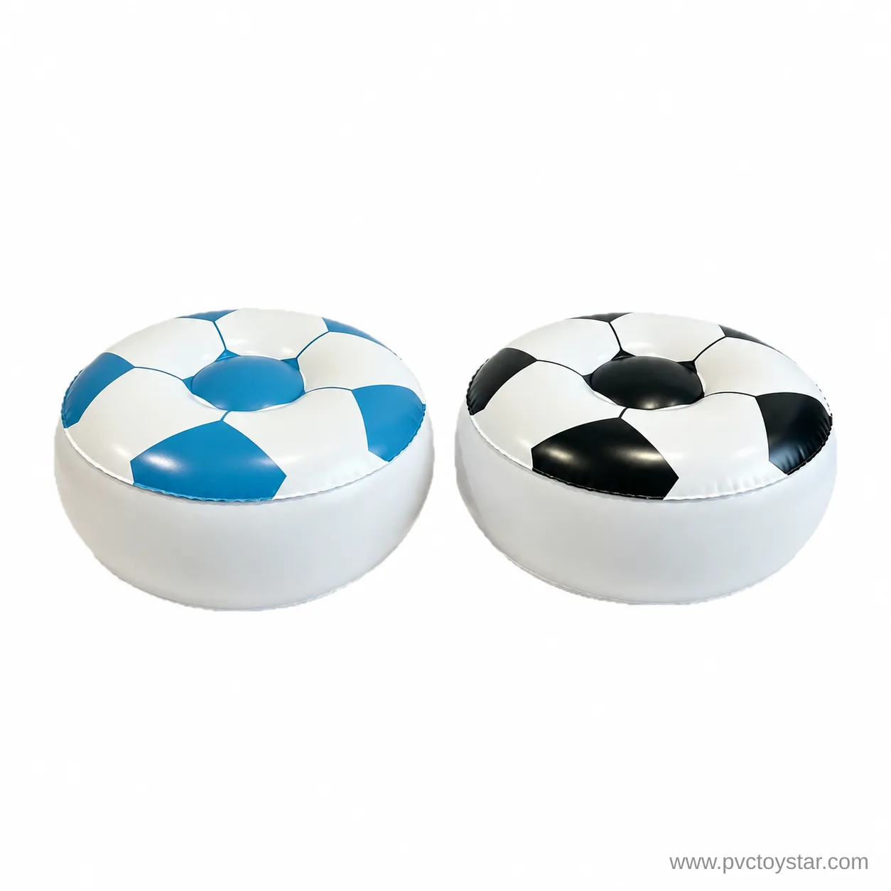Blue-and-white and black-and-white soccer-print inflatable round stools