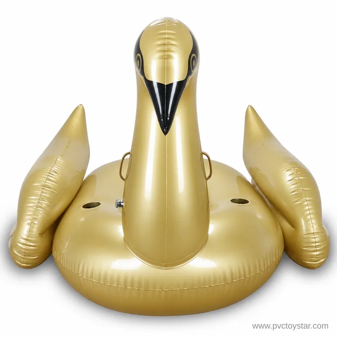 Front view of champagne-gold bird-shaped inflatable pool float with raised neck and wings