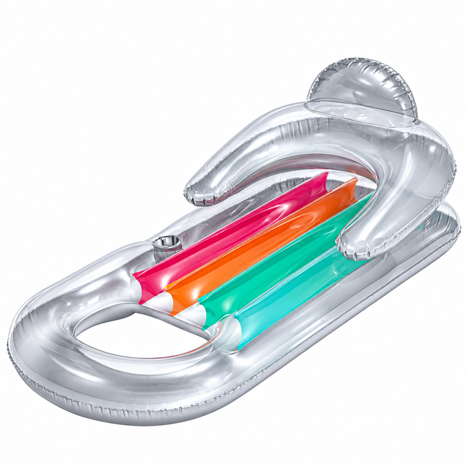 Silver inflatable pool lounger with headrest, armrests and cup holder — angled view
