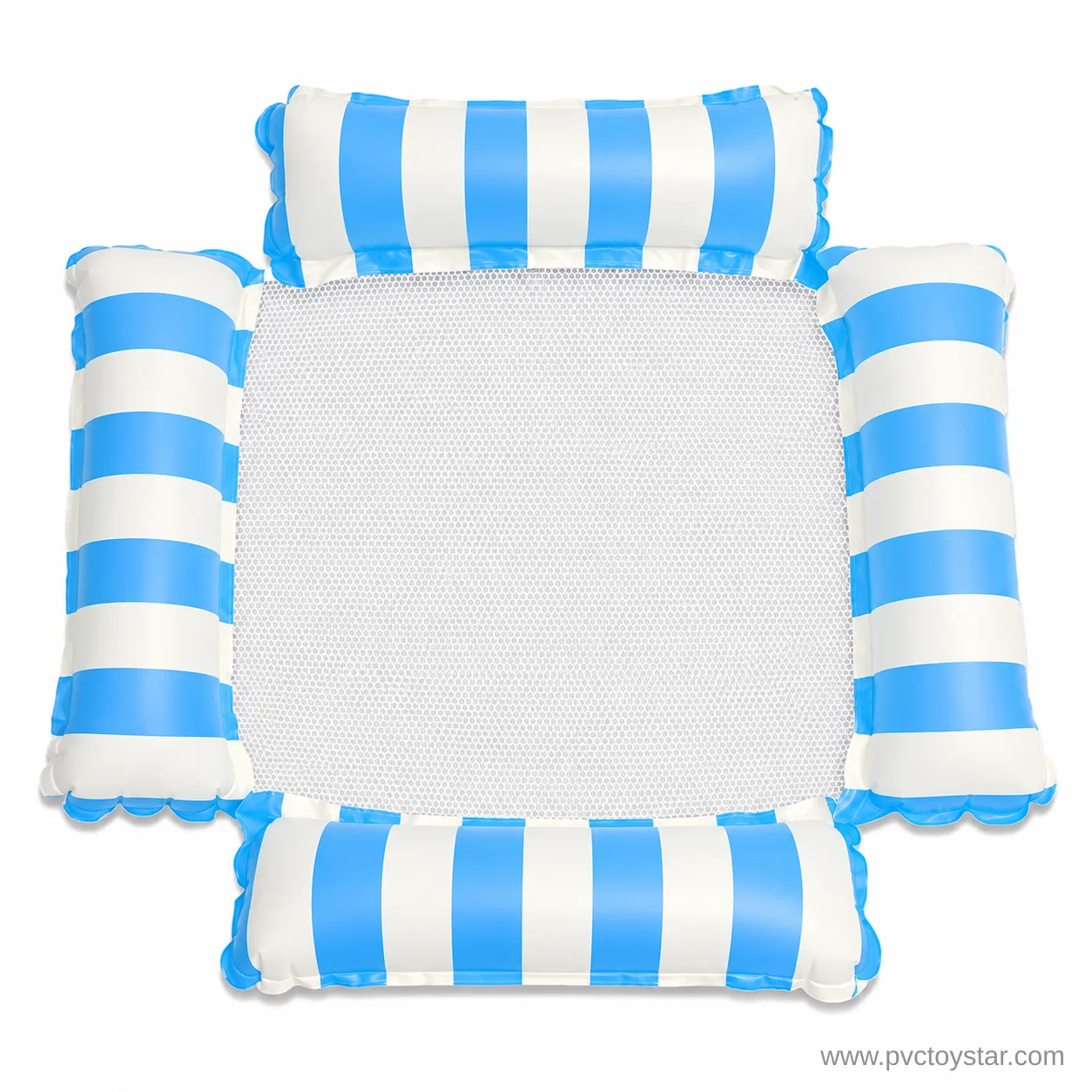 Light blue and white striped four-tube mesh hammock pool float on white background
