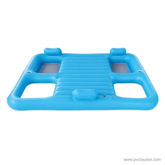 Blue inflatable pool lounge platform with two mesh seats and a central ribbed lounge