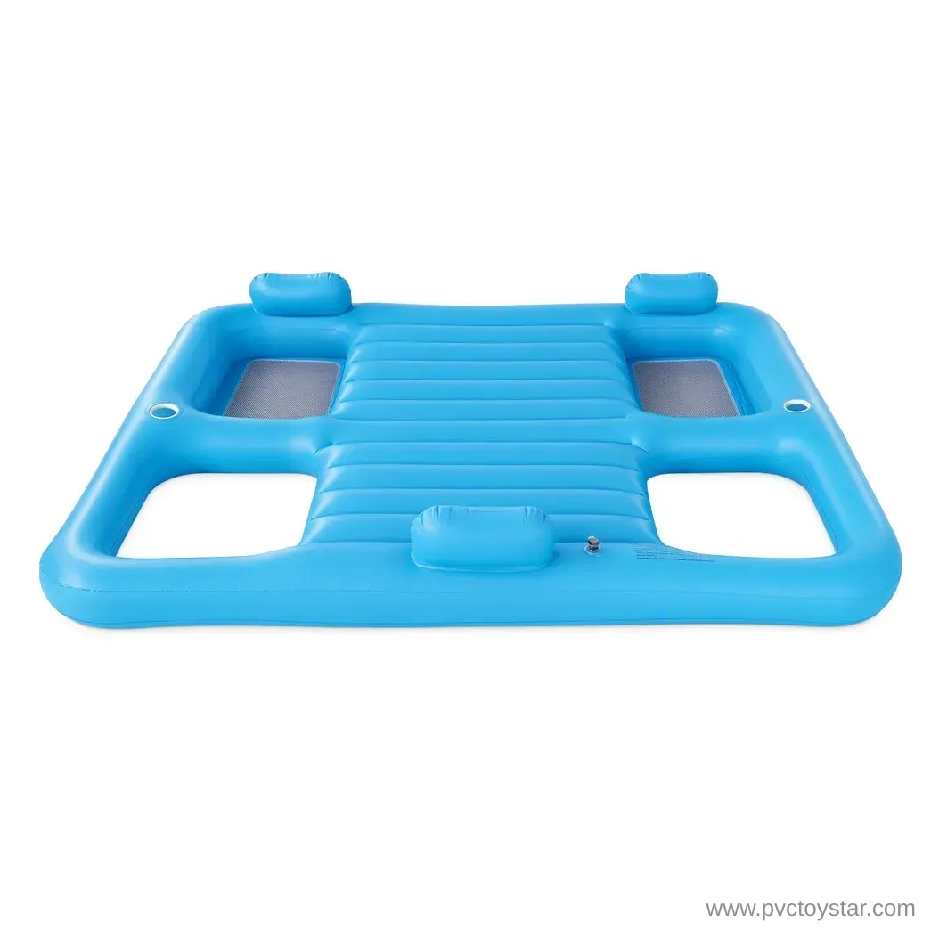 Blue inflatable pool lounge platform with two mesh seats and a central ribbed lounge